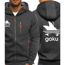 Veste à capuche gris foncé avec logo Goku imprimé à l'avant et au dos, design moderne et pratique avec poches zippées, inspiré de l'univers manga et anime, parfait pour les amateurs de mode streetwear et casual.