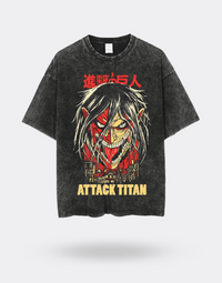 T-shirt Épais Attaque des Titans Délavé & Vintage Imprimé Titan Visage