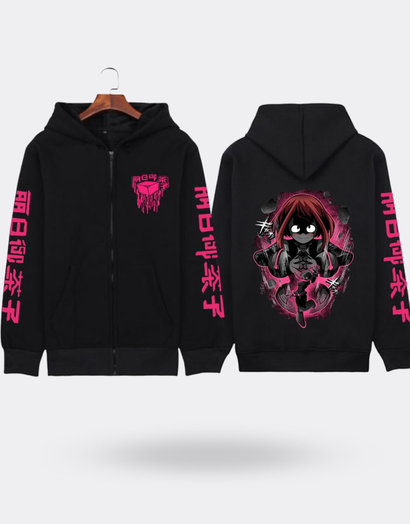 My Hero Academia Ochaco Zip Sweatshirt with Back and Arm Print, Black and Pink