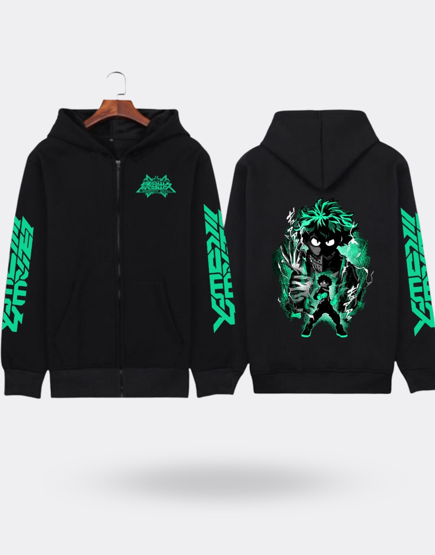 My Hero Academia Izuku Zip Sweatshirt with Back and Arm Print, Black and Green