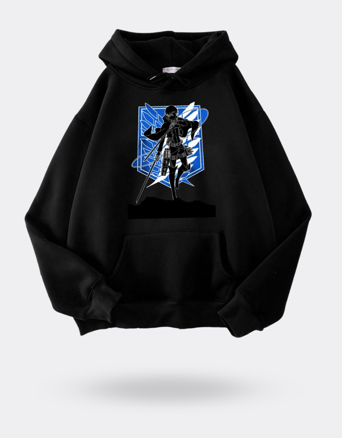 Attack on Titan Levi sweatshirt in front of the black Exploration Battalion logo