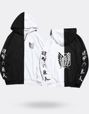 Attack on Titan sweatshirt with Chinese writing on black and white sleeves