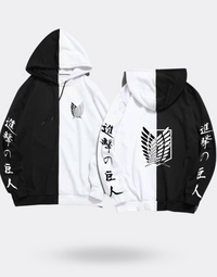 Attack on Titan sweatshirt with Chinese writing on black and white sleeves