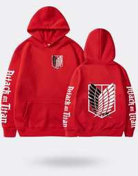 Attack on Titan sweatshirt with red writing on the sleeves