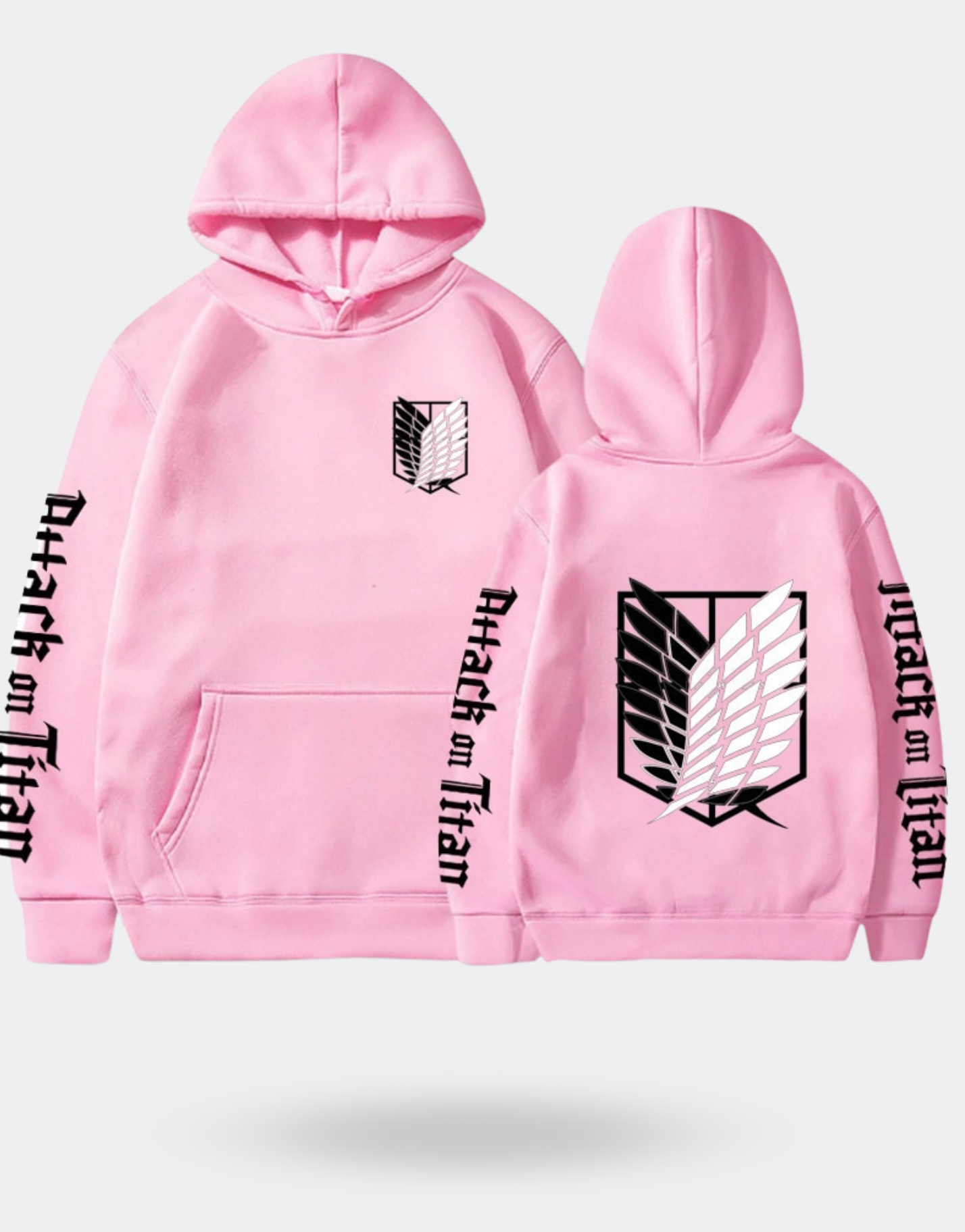 Attack on Titan sweatshirt with pink writing on the sleeves