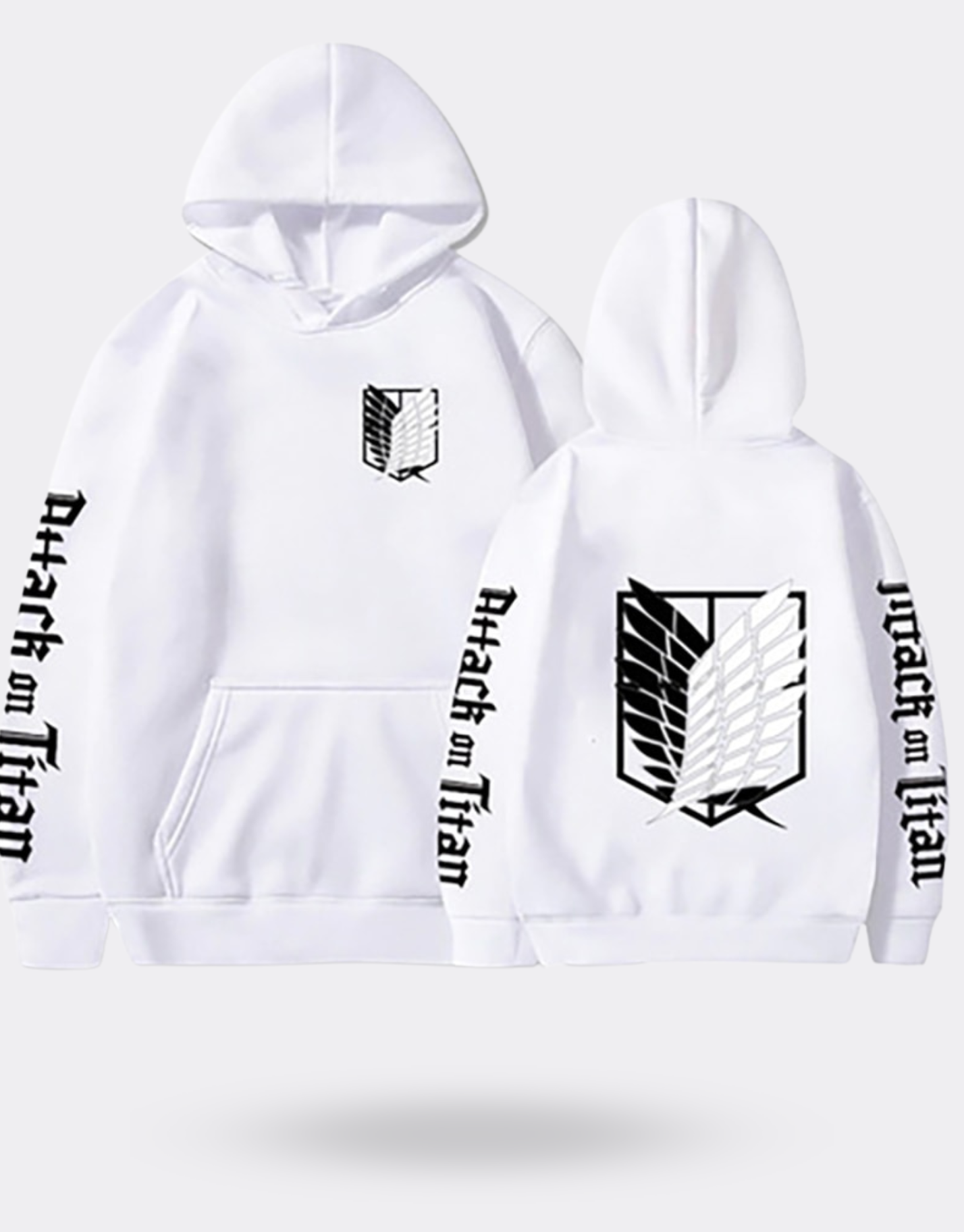 Attack on Titan sweatshirt with white writing on the sleeves