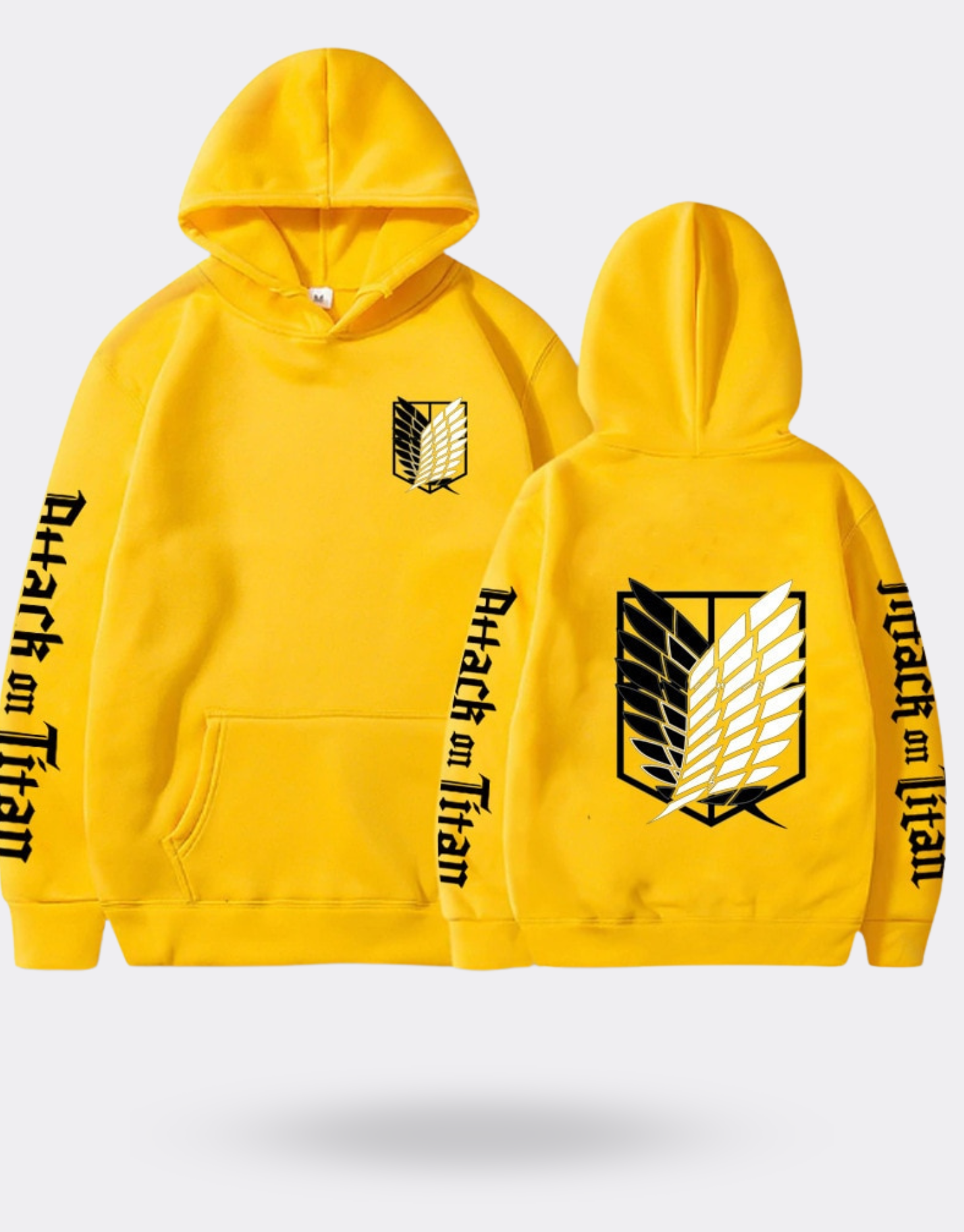 Attack on Titan sweatshirt with yellow writing on the sleeves