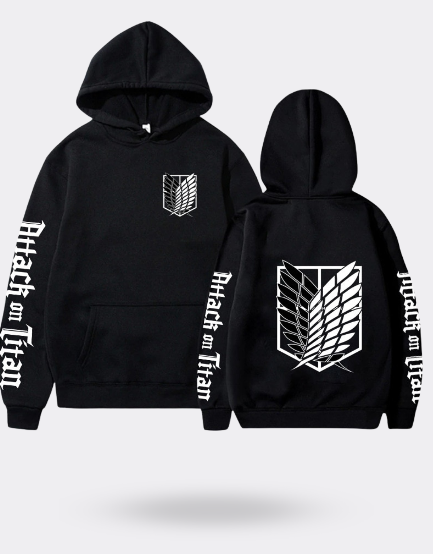 Attack on Titan sweatshirt with black writing on the sleeves