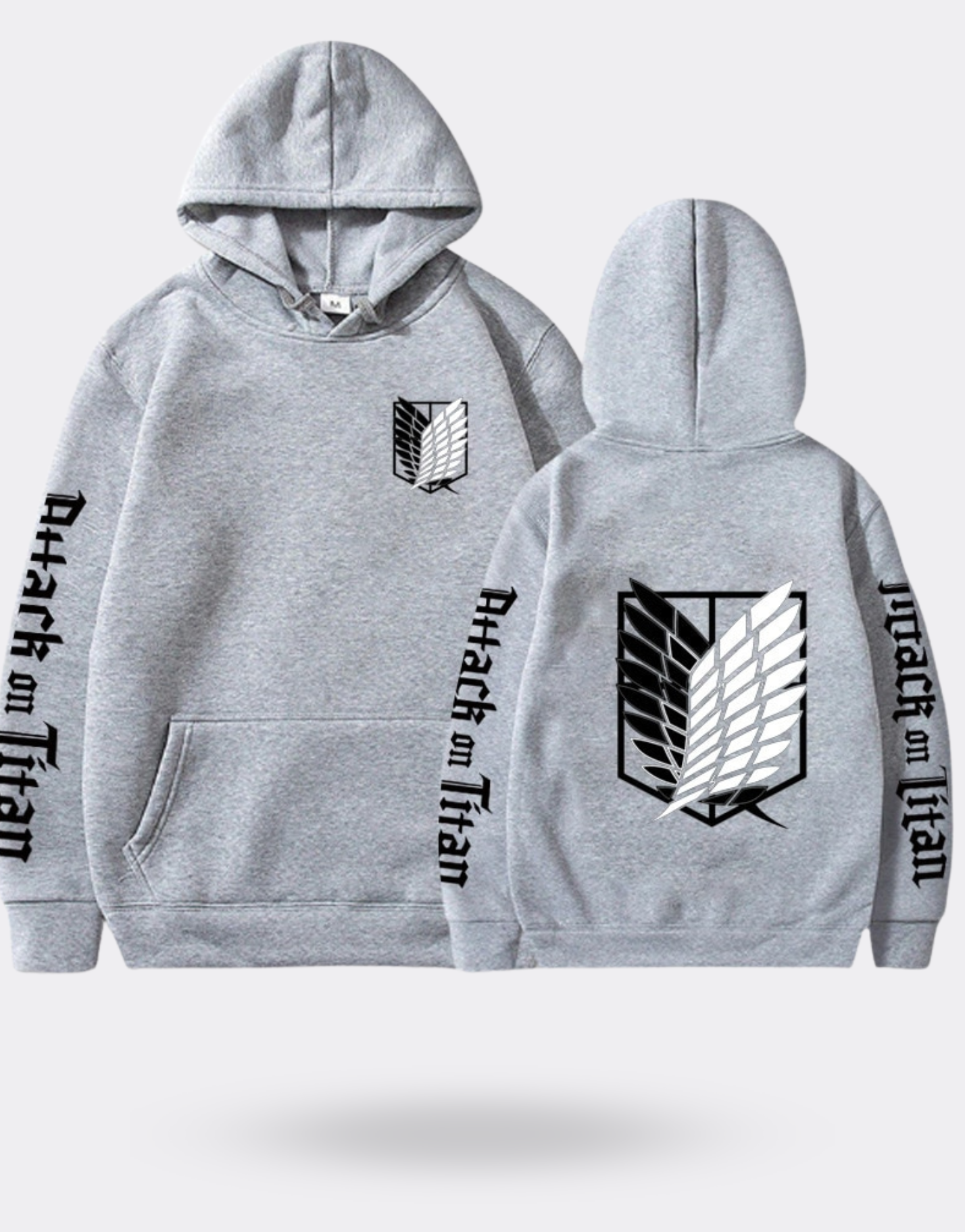 Attack on Titan sweatshirt with gray writing on the sleeves