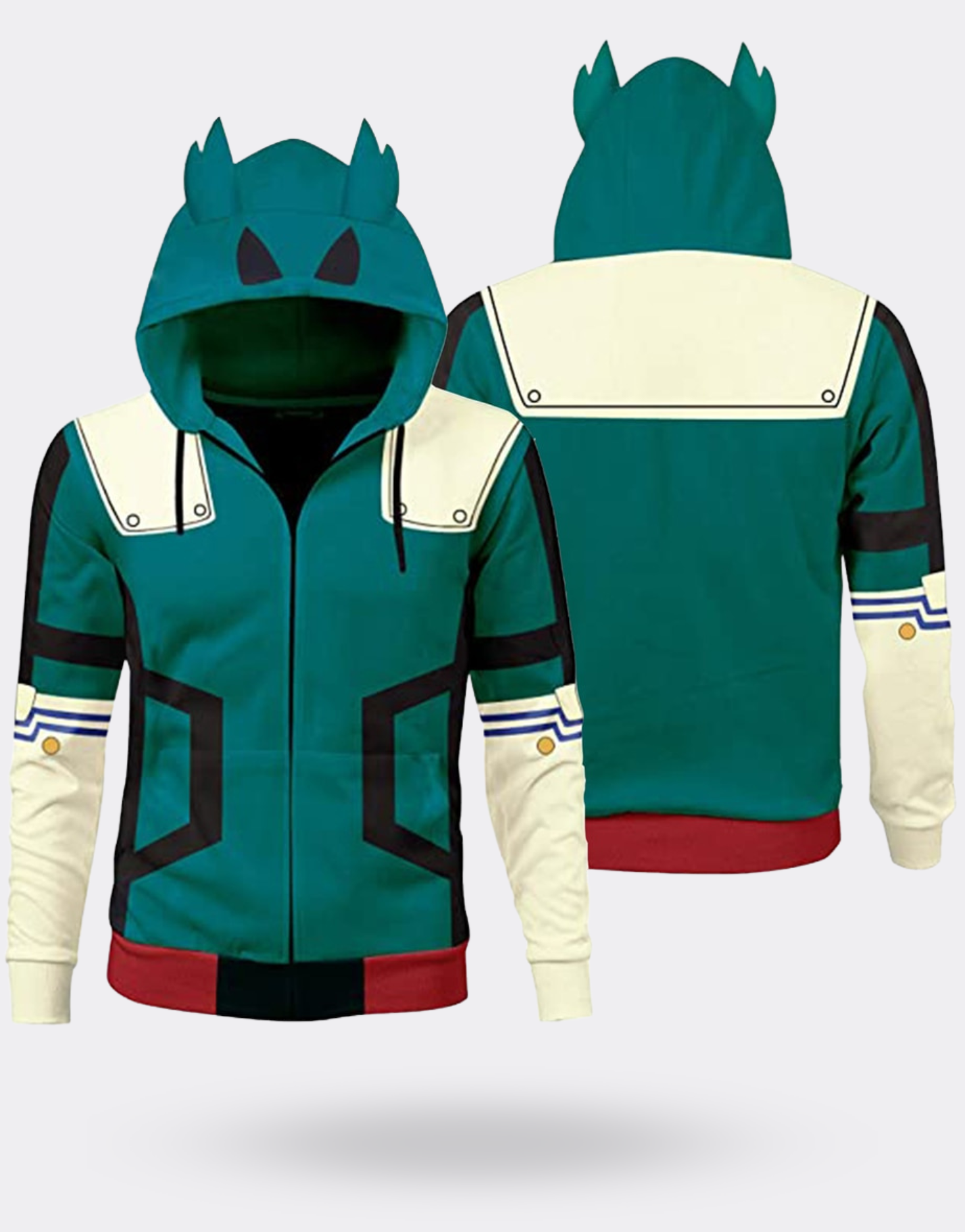 My Hero Academia Izuku Hooded Zip Sweatshirt with Horns in Green and White