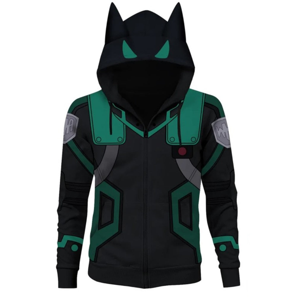 My Hero Academia Izuku Hooded Zip Sweatshirt with Horns in Black and Green