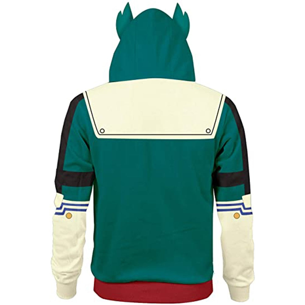 My Hero Academia Izuku Hooded Zip Sweatshirt with Horns in Green and White