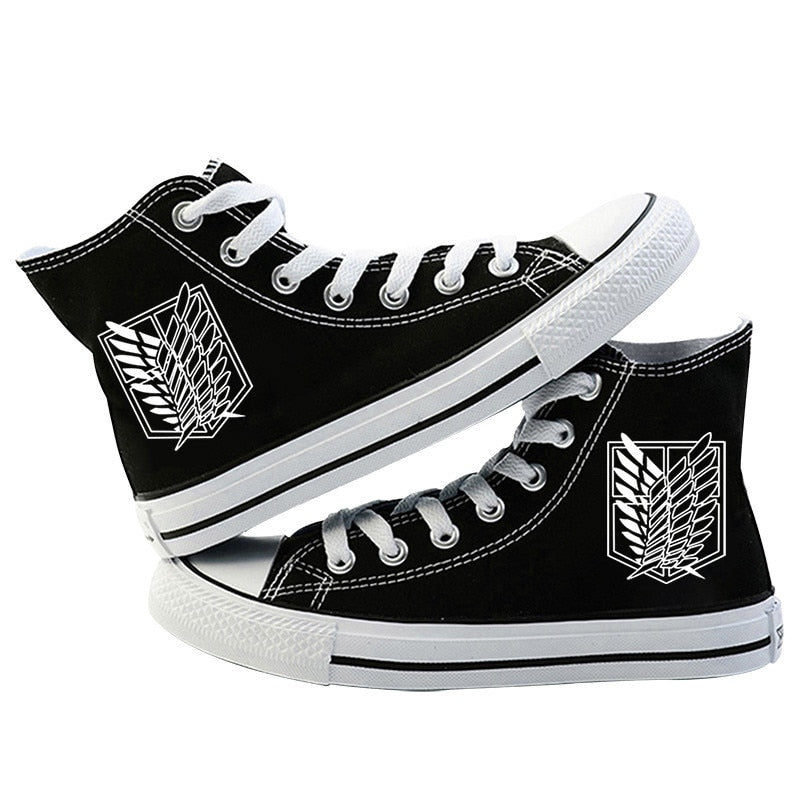 Black Attack on Titan sneakers with black and white logo