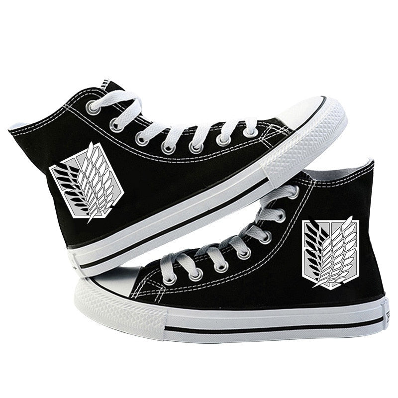 Black Attack on Titan sneakers with white and black logo