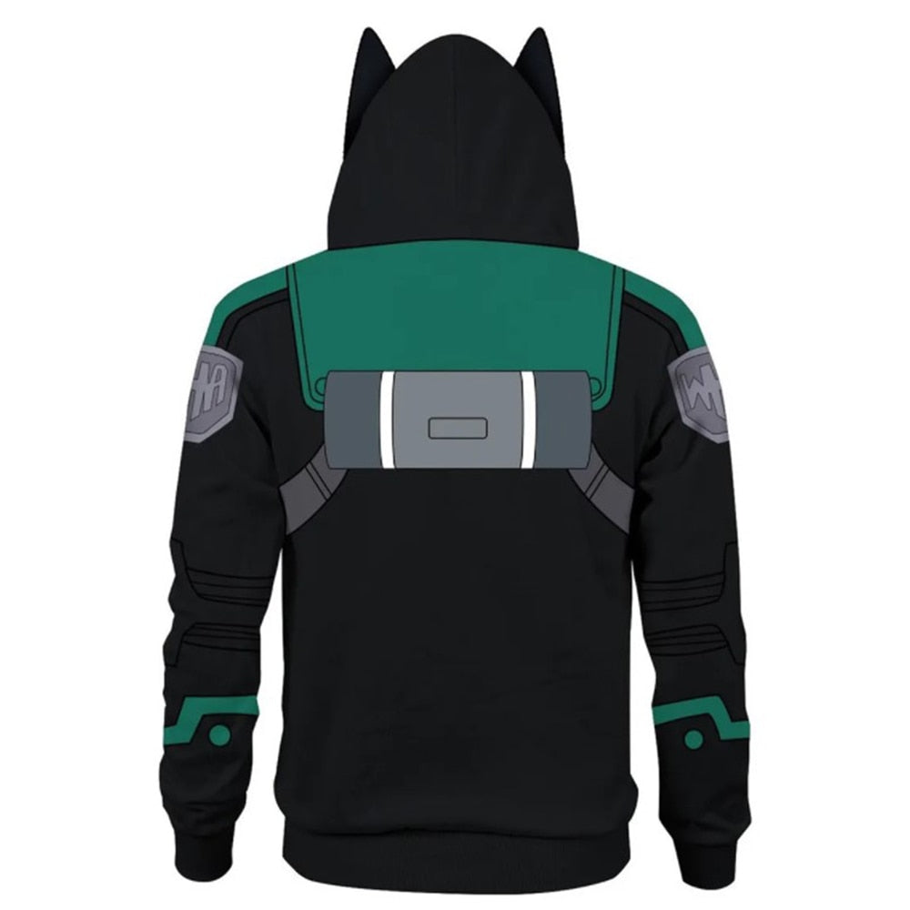 My Hero Academia Izuku Hooded Zip Sweatshirt with Horns in Black and Green