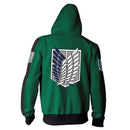 Sweat manga zippé vert logo attaque des titans de dos