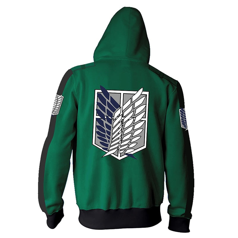 Sweat manga zippé vert logo attaque des titans de dos