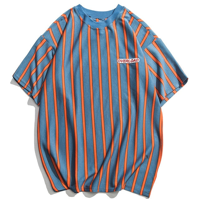 T-Shirt rayé oversize Streetwear bleu bandes orange